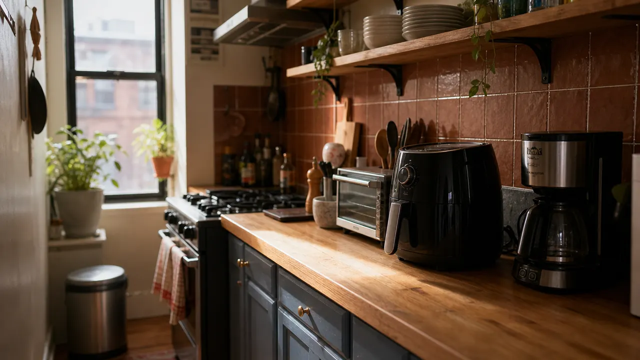 Compact Ninja air fryer sitting on a narrow Brooklyn apartment kitchen counter next to a coffee maker, with open shelving above
