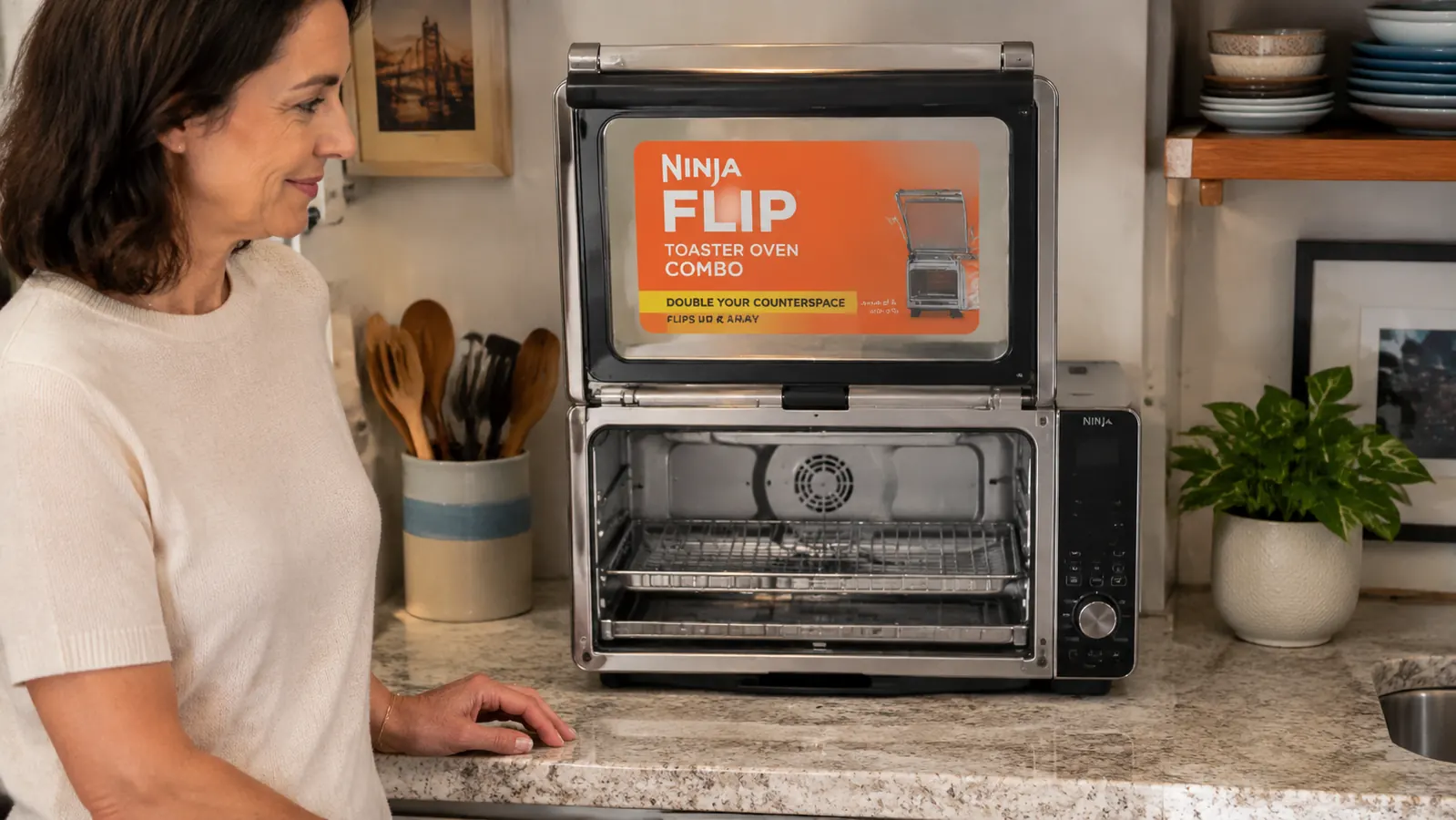 Ninja Flip Toaster Oven with door folded up, showing clearance saved in front of the unit on a small counter
