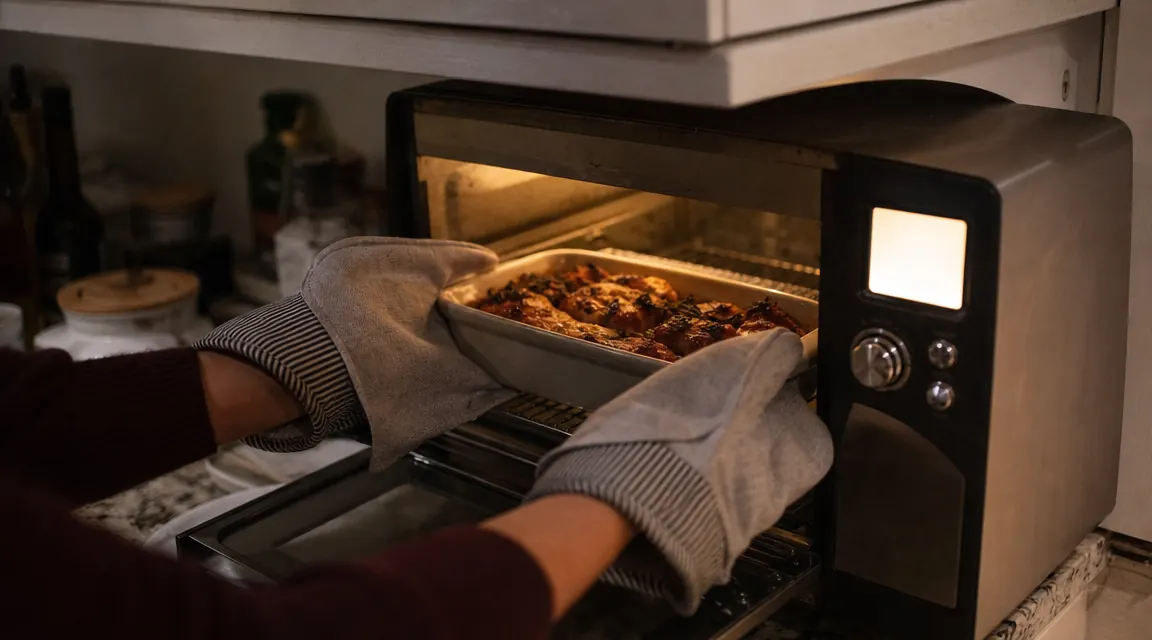 Woman pulling a small roasting pan from a compact toaster oven in a narrow apartment kitchen