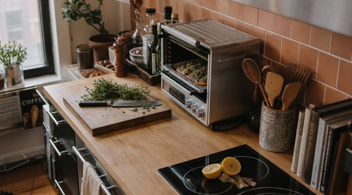 Compact toaster oven on a narrow kitchen counter next to a wooden cutting board and small potted herb plant