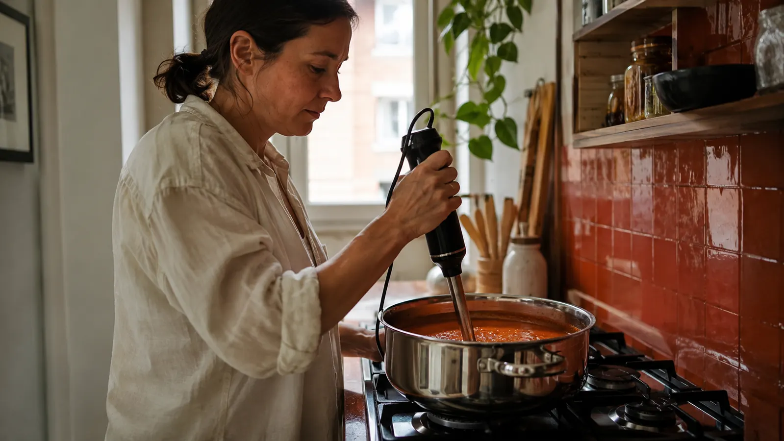 Immersion blender submerged in a pot of tomato soup on a small apartment stove, natural light from a nearby window