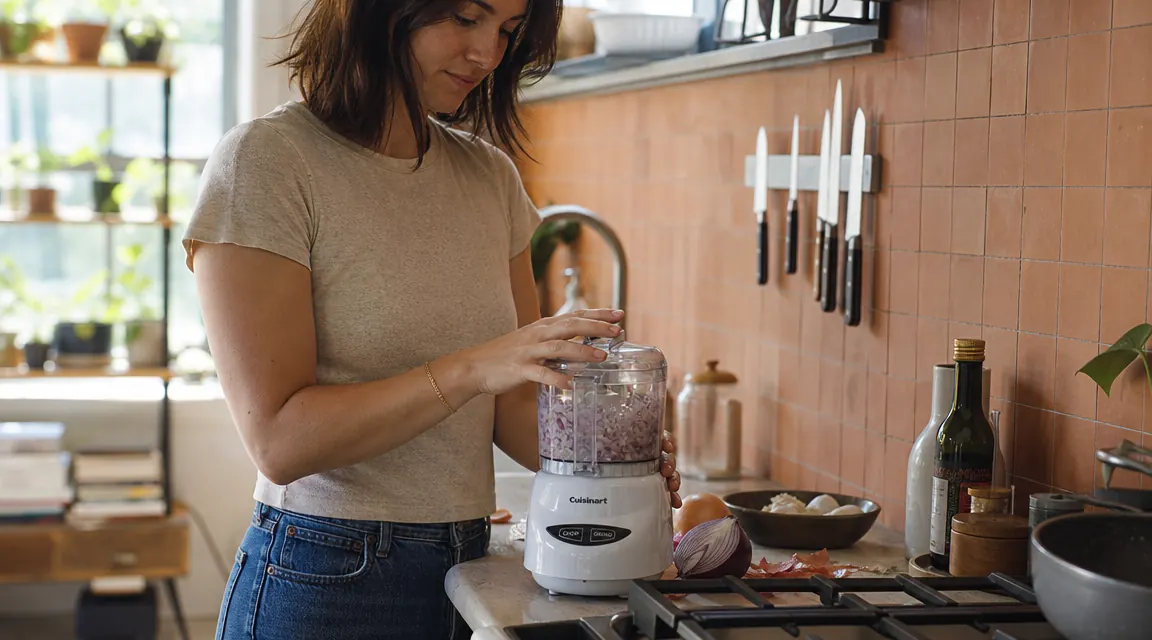 Small white mini food processor on a compact kitchen counter next to fresh vegetables