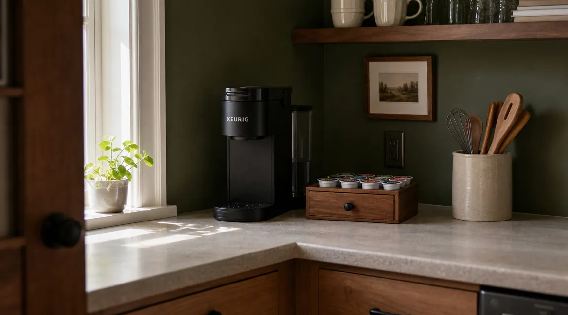 Small apartment kitchen with a tidy coffee corner using a single-serve brewer and pod drawer