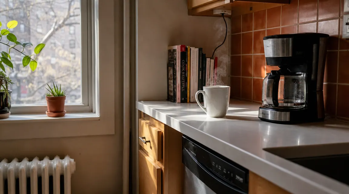 Compact Keurig coffee maker on a small apartment kitchen counter next to a mug