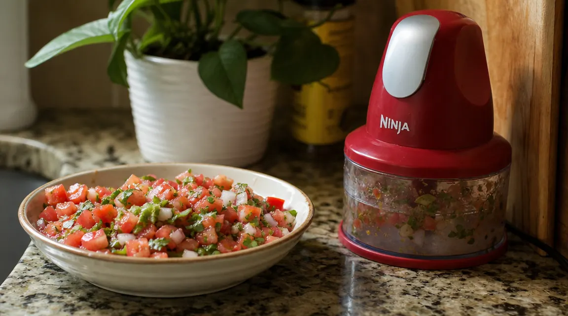 Small bowl of fresh salsa next to the Hamilton Beach chopper on a narrow apartment kitchen counter