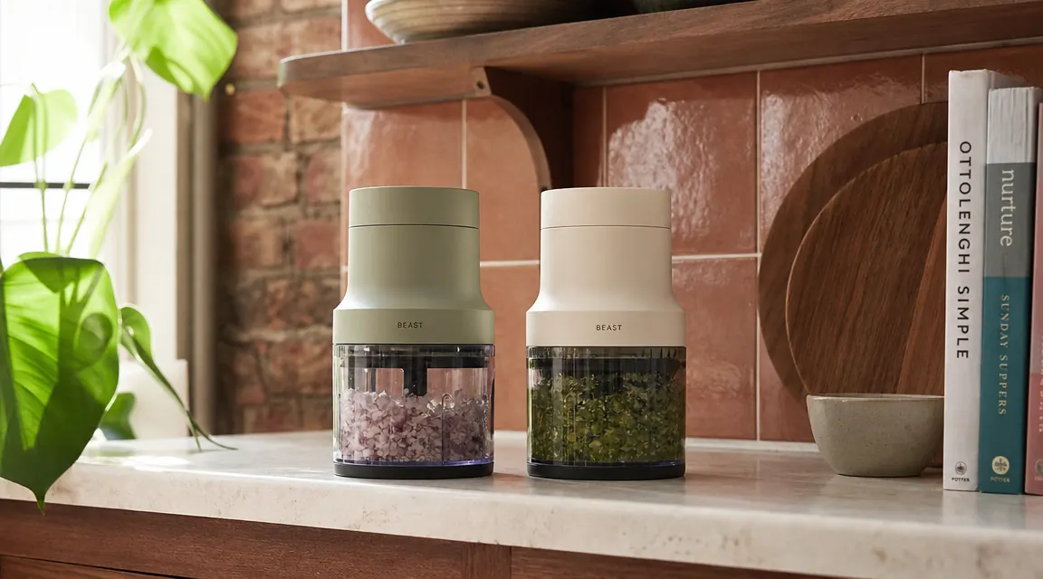 Hamilton Beach mini food processor and Ninja food chopper sitting side by side on a narrow kitchen counter with tile backsplash