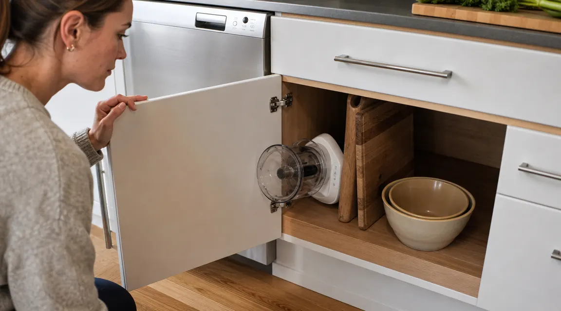 Small food processor stored inside a kitchen cabinet beside a cutting board and mixing bowls