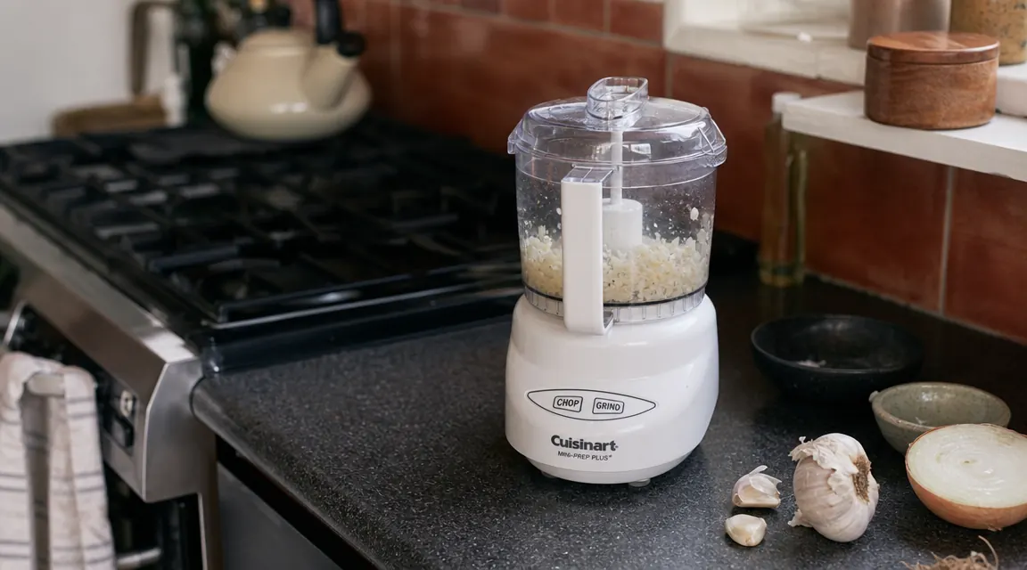 Hamilton Beach 3-cup mini food processor on a small kitchen counter next to fresh garlic cloves and an onion