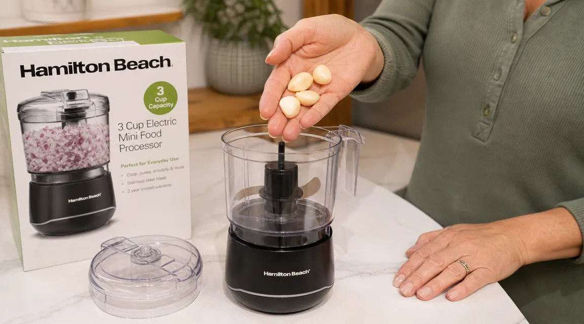 Hand placing garlic cloves into the open Hamilton Beach 3-cup food processor bowl