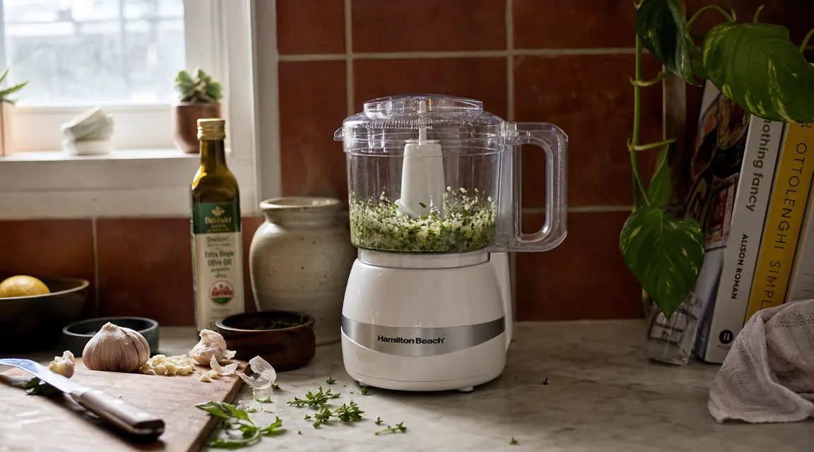 Compact Hamilton Beach mini food processor on a small kitchen counter next to fresh vegetables and a cutting board