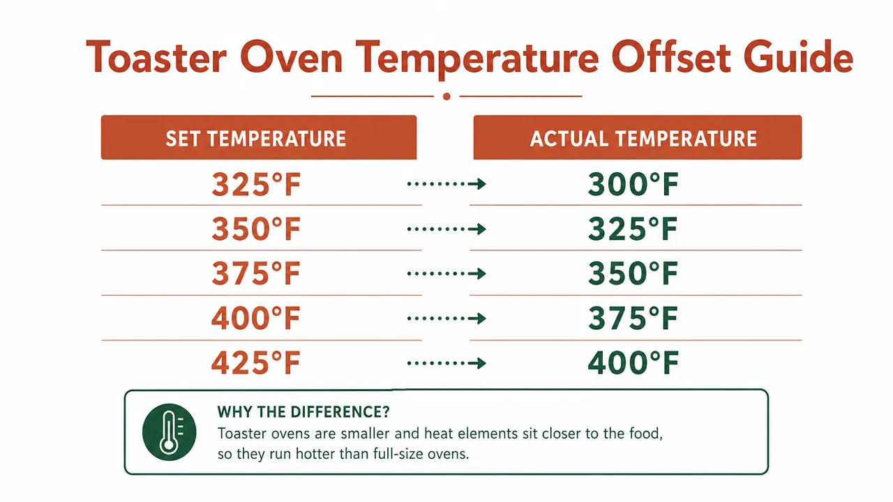 Chart showing toaster oven temperature offset guide, comparing dial setting to actual internal temperature across three common compact ovens