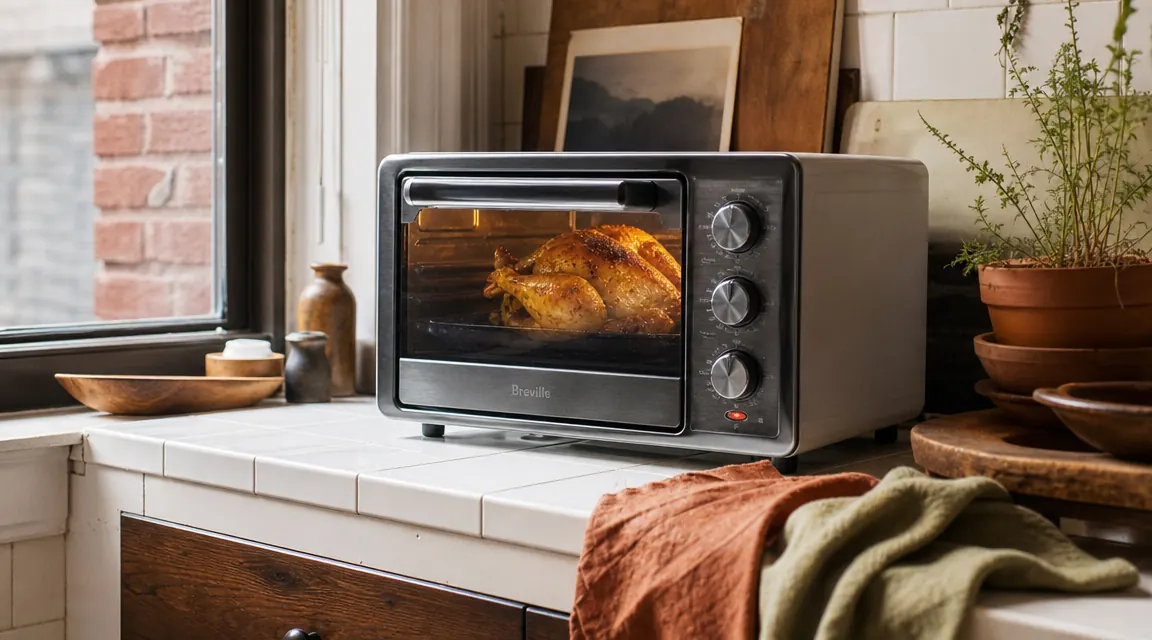 Compact toaster oven on a small kitchen counter with a golden-brown roast chicken inside, warm afternoon light through a narrow apartment window