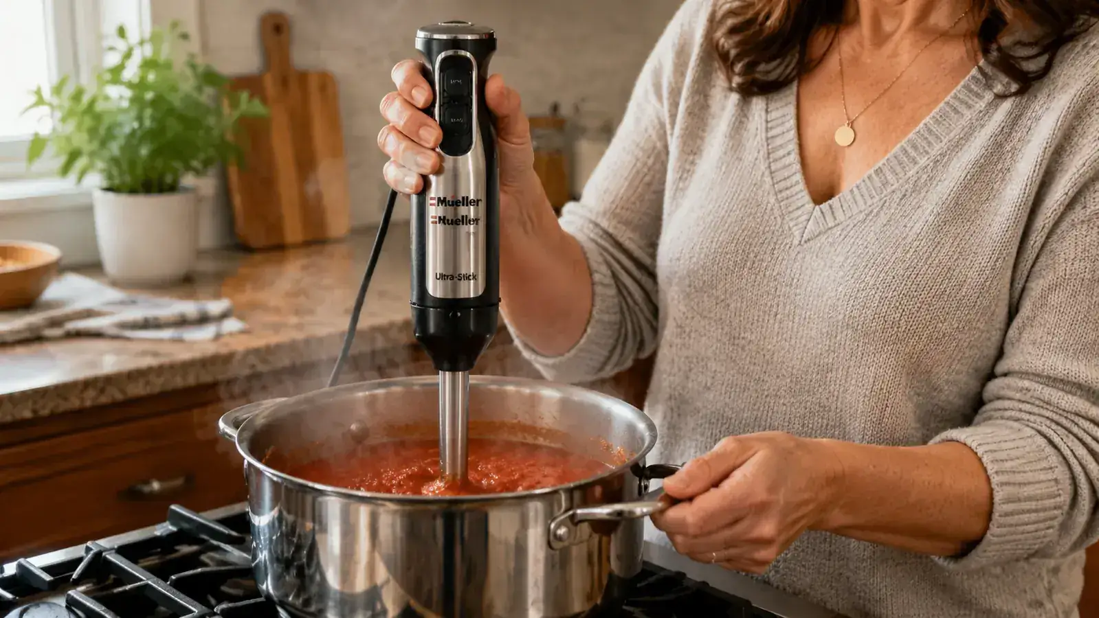 Hand holding Mueller immersion blender submerged in a pot of chunky tomato sauce, showing the correct depth technique