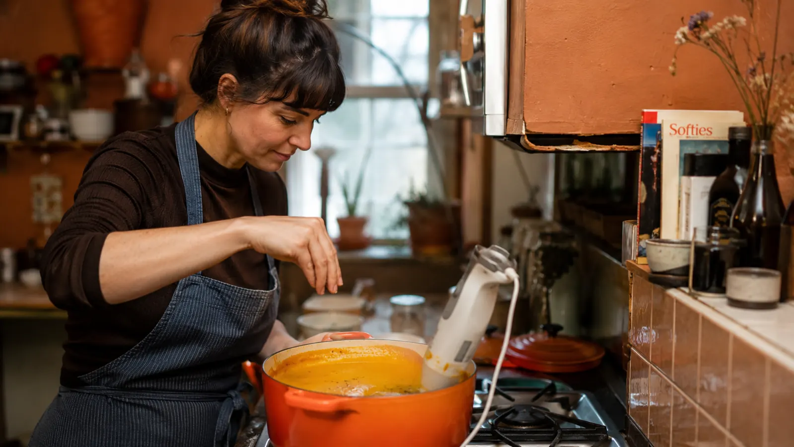 Pot of creamy butternut squash soup on a small apartment kitchen stovetop with an immersion blender resting on the counter beside it