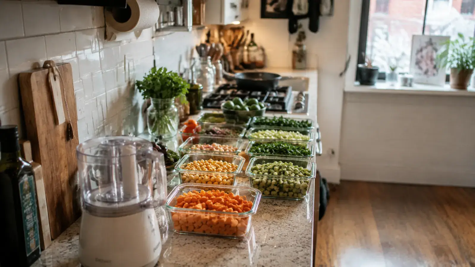 Small kitchen countertop with meal prep containers, chopped vegetables, and a compact food processor