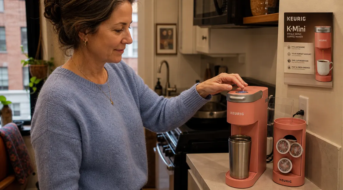 Keurig K-Mini single-serve coffee maker on a kitchen counter next to a pod storage caddy and a travel mug