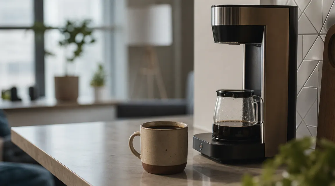 Mug of hot coffee on a clear kitchen counter next to a small single-serve coffee maker, morning light