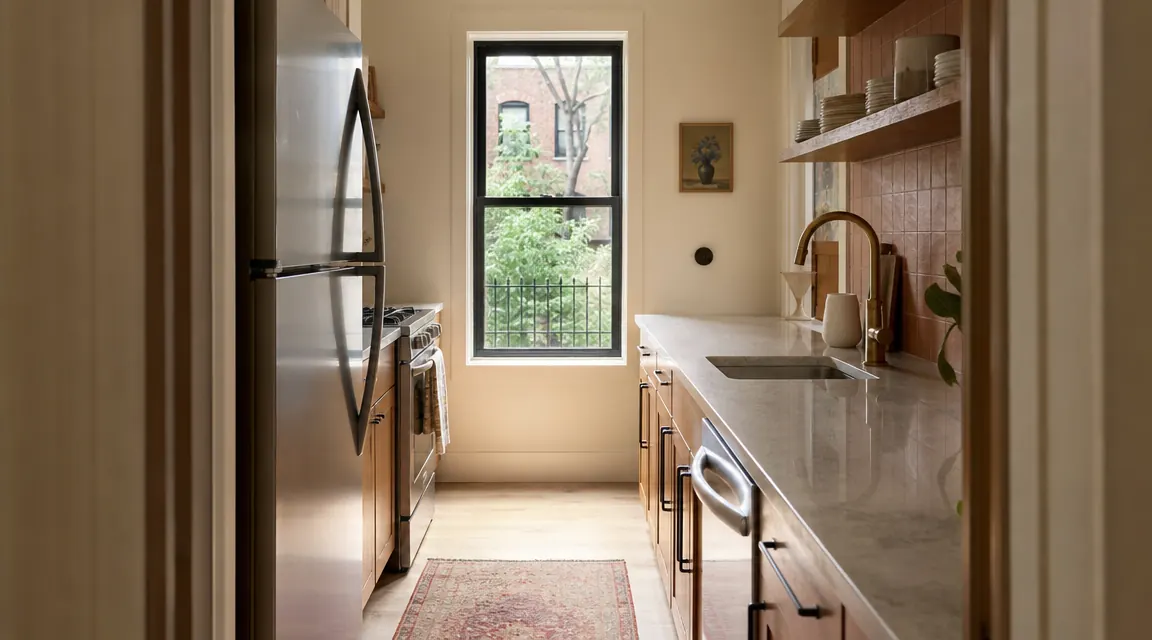 Compact Brooklyn apartment kitchen with clear counter space and a small coffee maker near the window