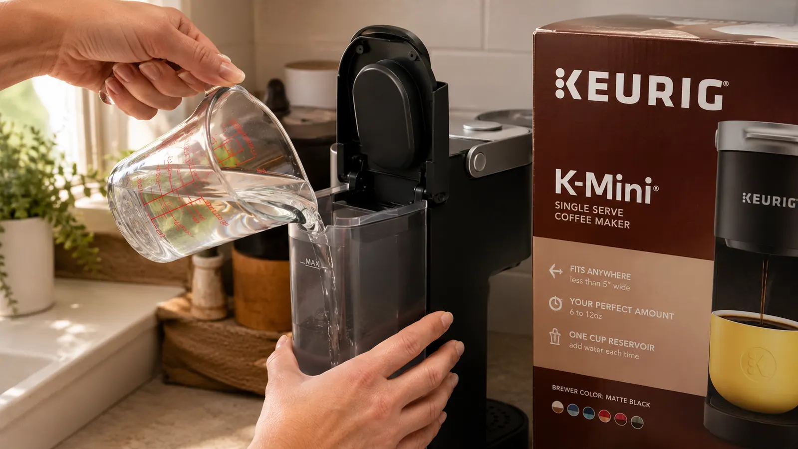 Hand filling the Keurig K-Mini reservoir using a measuring cup, showing the single-serve water fill process