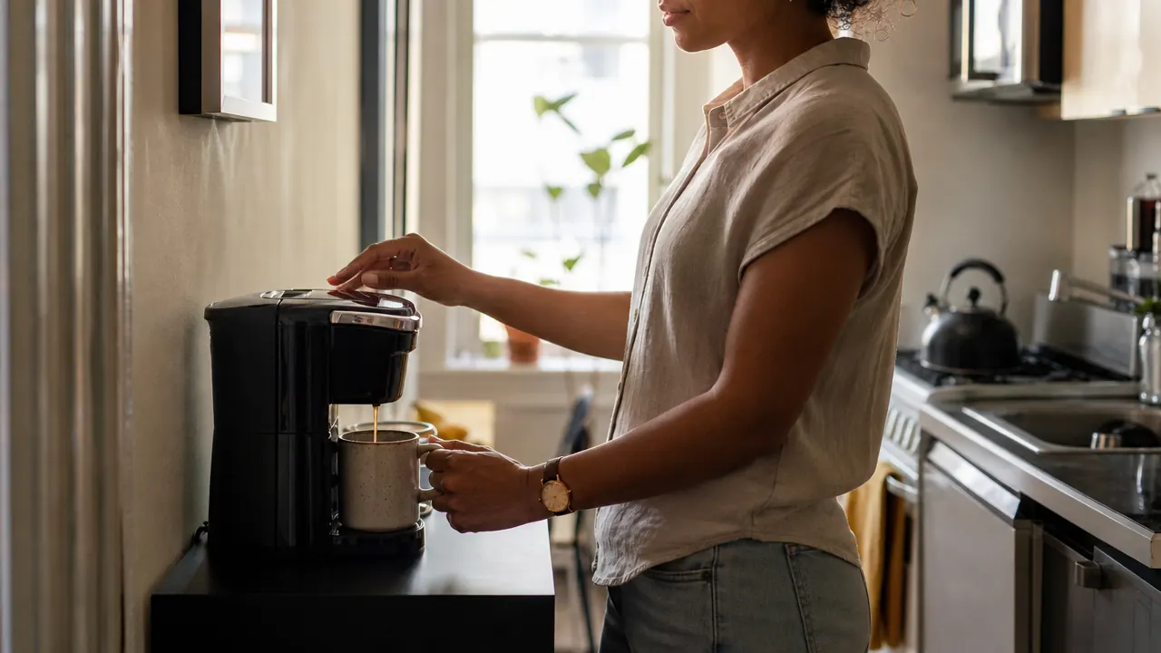 Keurig K-Mini coffee maker on a narrow kitchen counter beside a small window with morning light