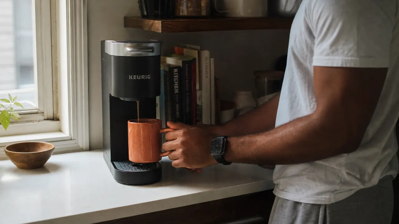 Keurig K-Mini coffee maker on a narrow apartment kitchen counter next to a small plant