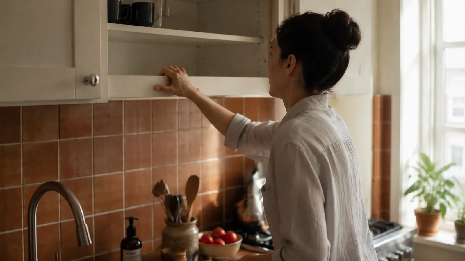 Narrow Brooklyn kitchen counter with open cabinet showing an empty shelf where a blender used to live
