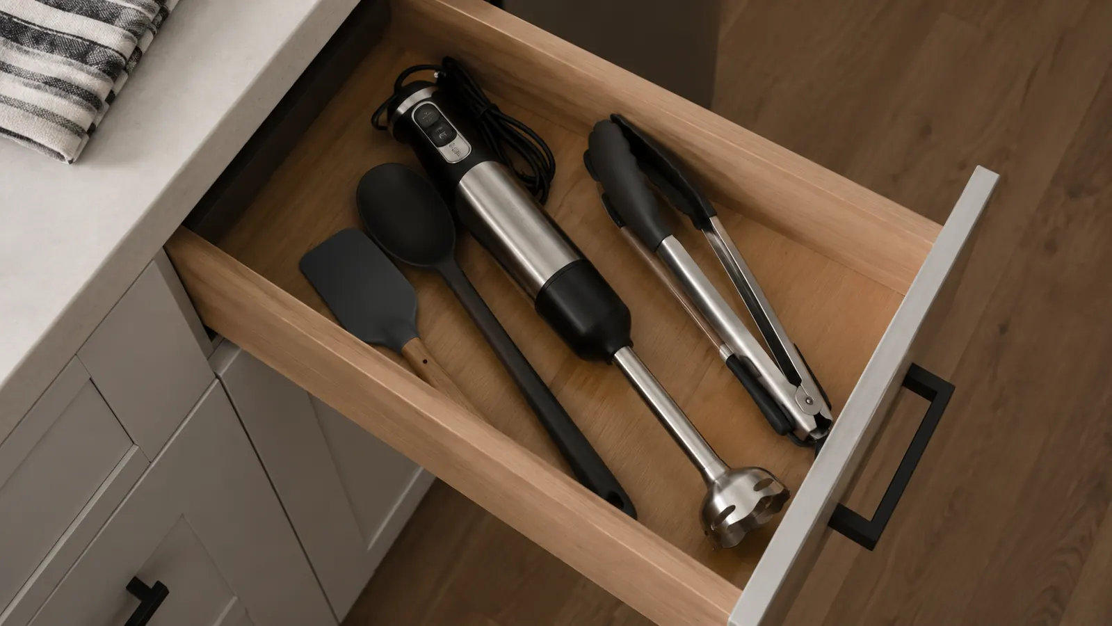 Drawer open in a small kitchen showing immersion blender stored horizontally next to spatulas and tongs