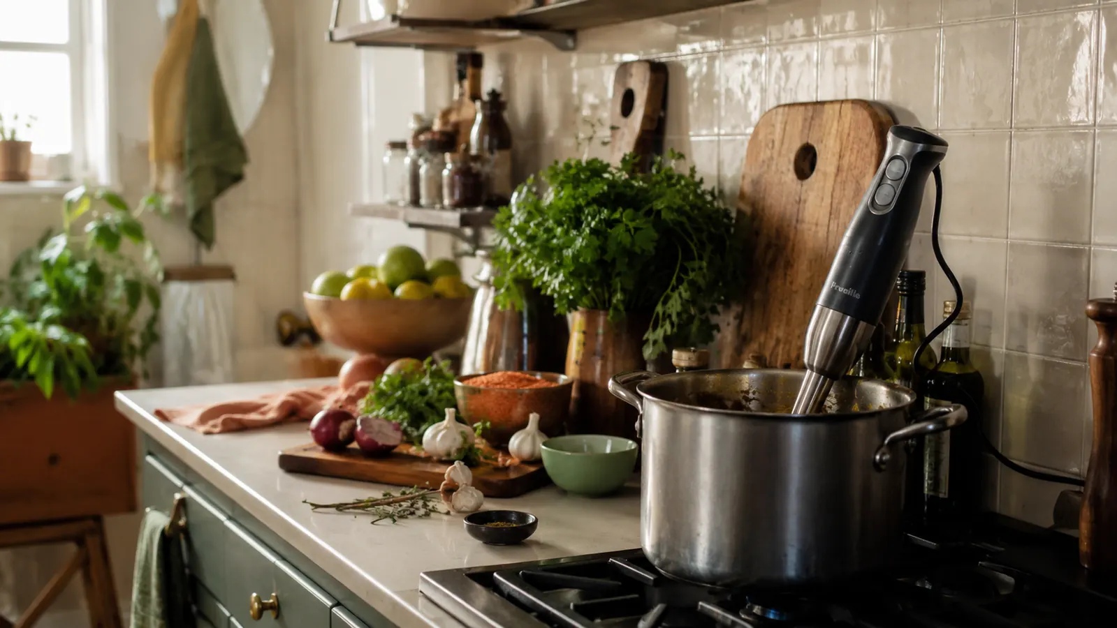 Mueller Ultra-Stick immersion blender resting on a narrow Brooklyn apartment kitchen counter next to a pot of butternut squash soup