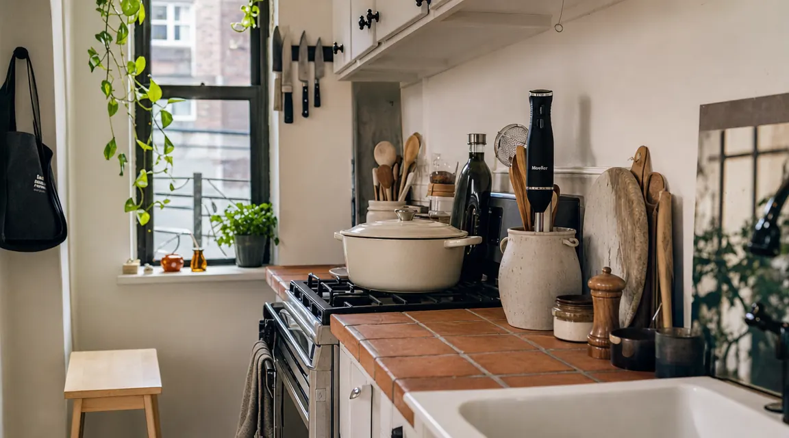 Mueller Ultra-Stick immersion blender resting in a narrow utensil crock on a small kitchen counter with a pot of tomato soup nearby
