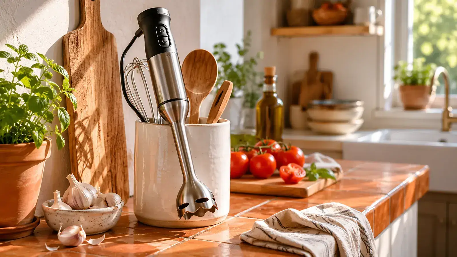 Small apartment kitchen counter with an immersion blender resting in a utensil crock next to a bowl of blended soup