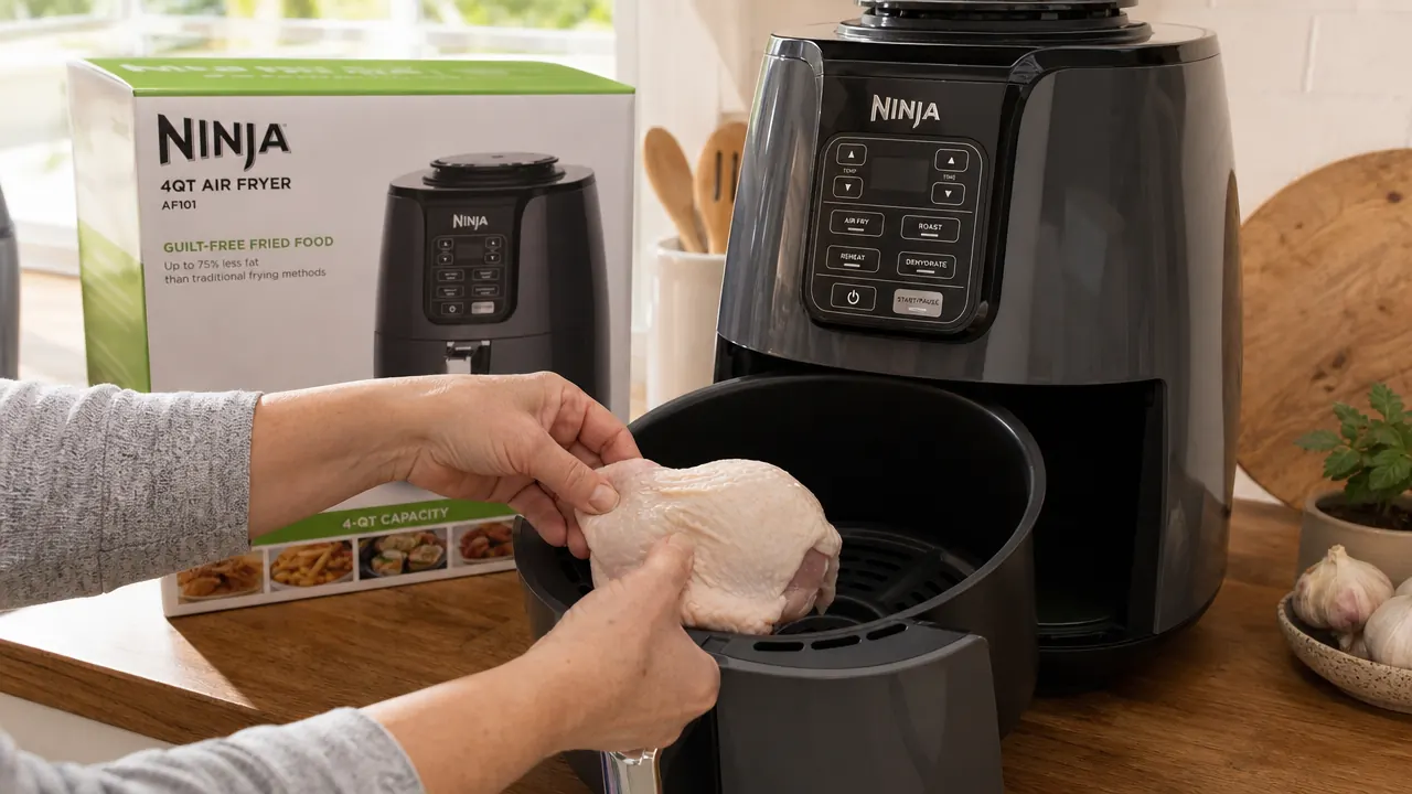 Hand placing chicken thighs into a compact Ninja air fryer basket on a small apartment kitchen counter