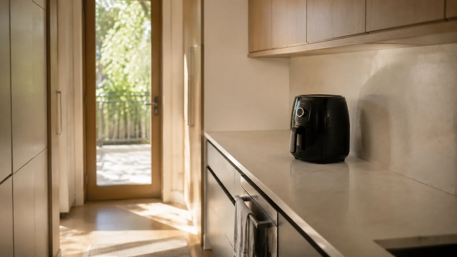 Small Brooklyn apartment kitchen with cluttered counter cleared down to one compact air fryer in a terracotta-toned kitchen