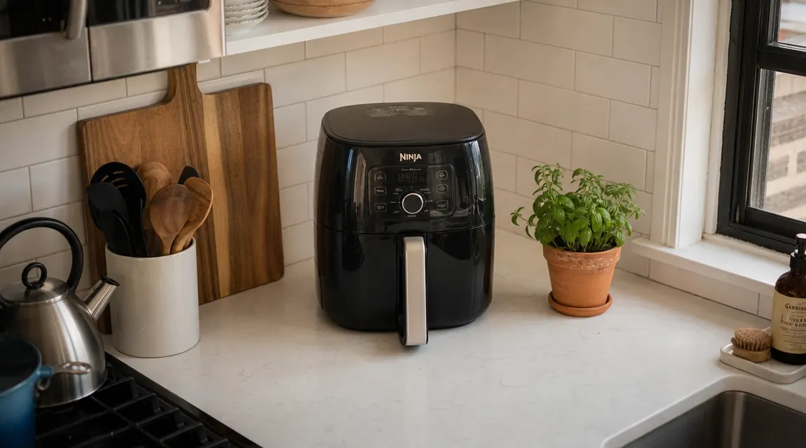 Ninja 4QT Air Fryer sitting on a narrow Brooklyn apartment counter next to a small cutting board and herb pot