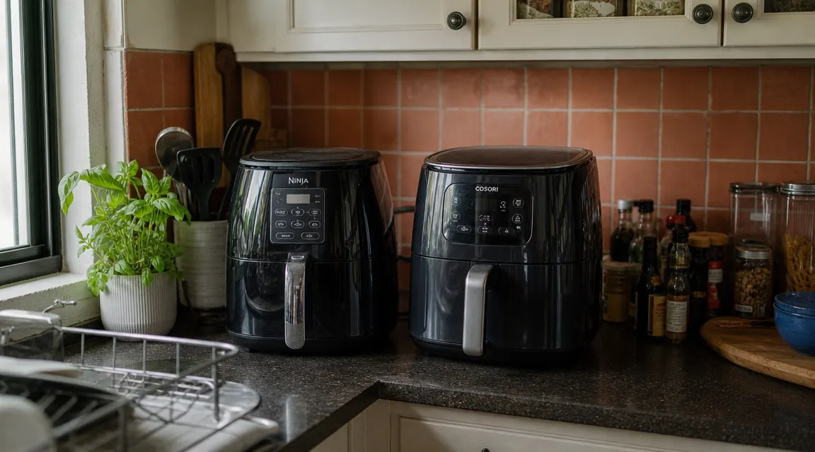 Two compact air fryers sitting side by side on a narrow kitchen counter with terracotta tile backsplash