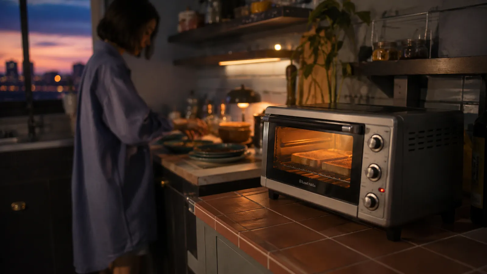 Small Brooklyn kitchen counter with a compact toaster oven glowing with warm light while a woman works nearby