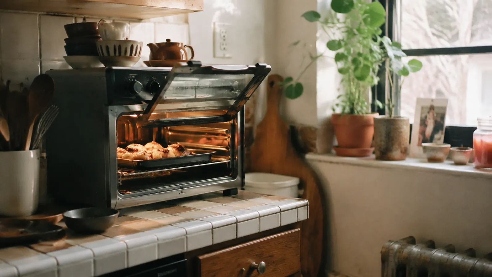 Ninja Flip Toaster Oven sitting on a small kitchen counter with its door flipped up, morning light coming through a window behind it