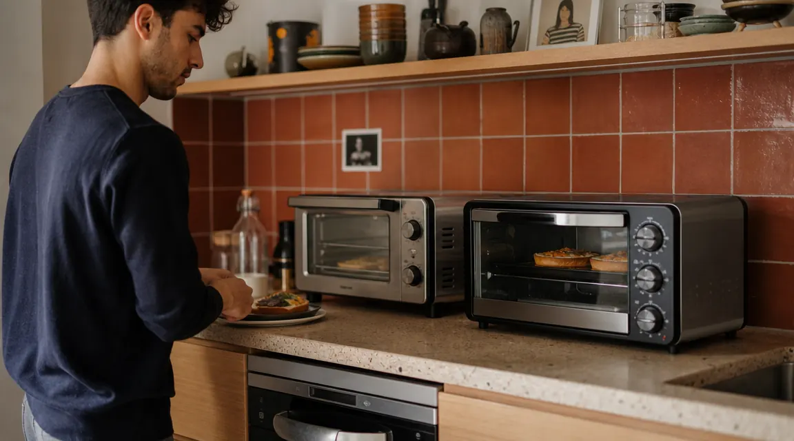 Two compact toaster ovens side by side on a narrow kitchen counter with terracotta tile backsplash